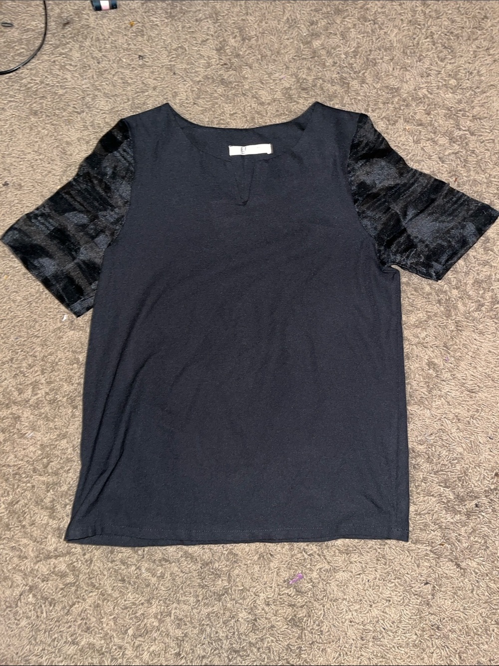 Black Short-Sleeve Tee with Textured Velvet-Look Sleeves